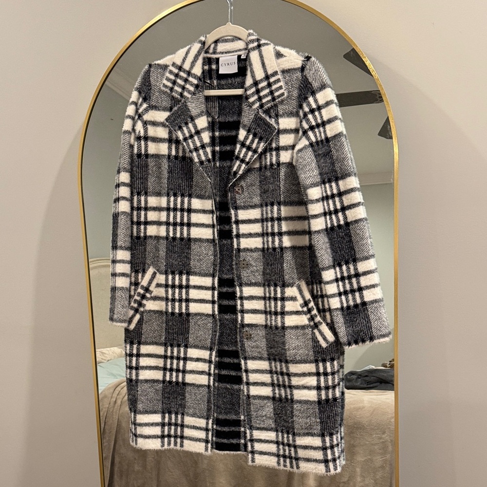 Cyrus Black and White Buffalo Plaid Fuzzy Knit Coat